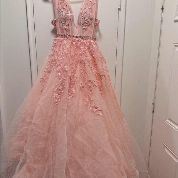 Elegant Pink Lace V-Neck Ball Gown Dress - Picture 5 of 5